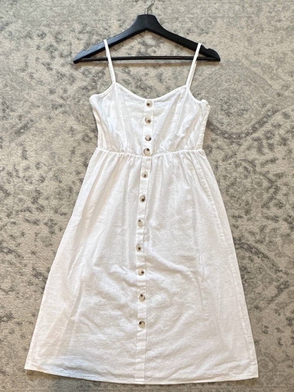 Classic White Button-Front Midi Dress with Spaghetti Straps